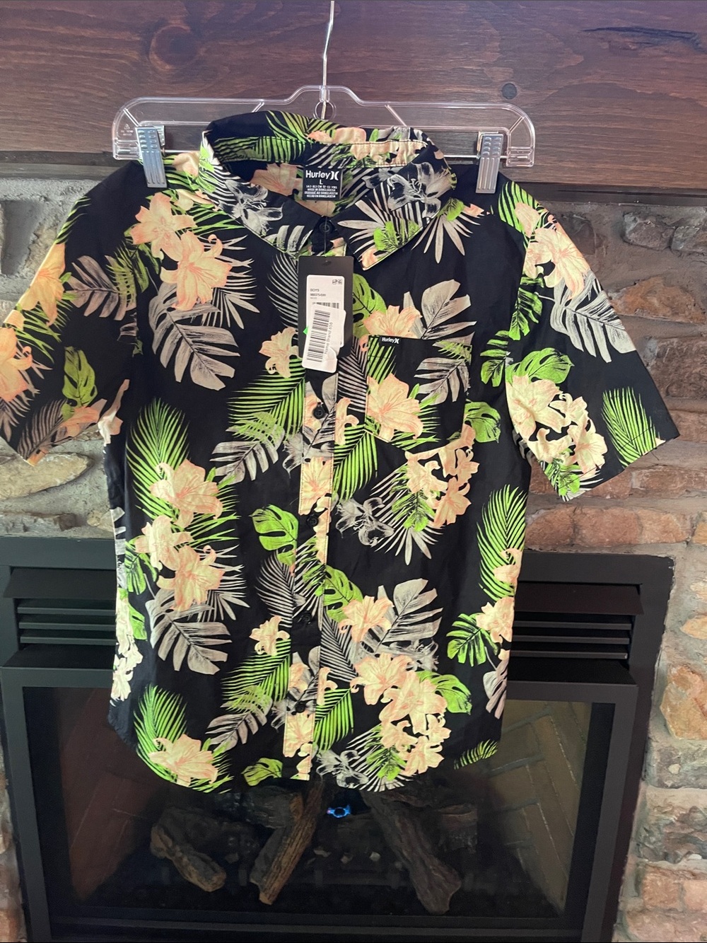 Hurley Black Tropical Floral Camp Shirt with Green and Peach Accentsβ